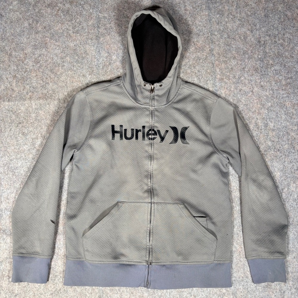 Hurley Zip Up Hoodie Mens L Grey Textured Distressed Logo Surf Skate Surfwear